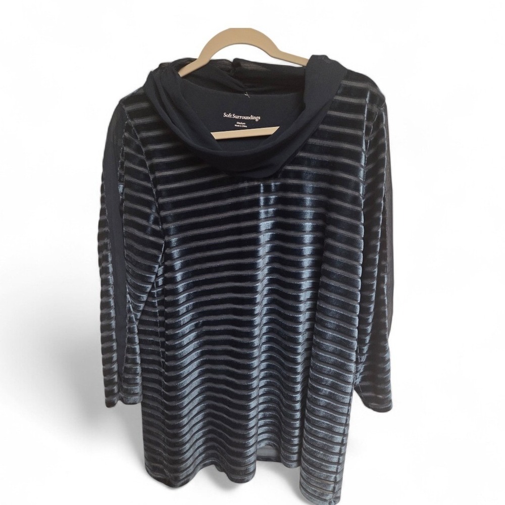 Soft Surroundings Navy Blue Striped Burnout Velvet Cowl Neck Tunic Top‎ Medium
